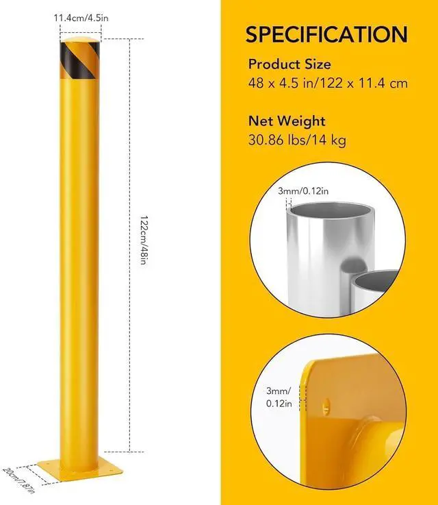 Alt view image 2 of 6 - Safety Bollard 6 Packs, 48 Inch High Heavy-Duty Yellow Safety Bollard Steel Posts, 4.5 Inch Diameter,Safety Bollard with 16 Anchor Bolts - Perfect for Traffic Control, Driveway Barriers,Parking Poles