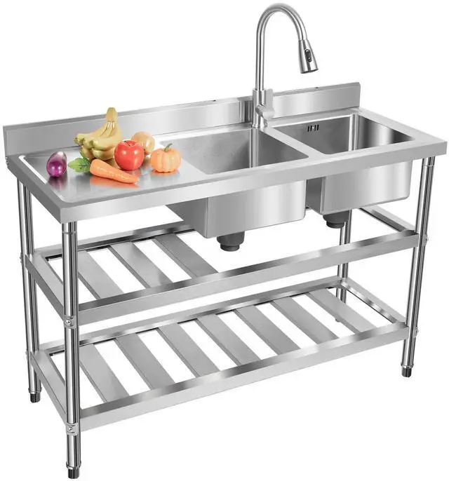 Main image of Stainless Steel Utility Sink with Drawable Hot & Cold Water Faucet, 2 Compartment Free Standing Commercial Kitchen Sink Double Bowl Outdoor Sink for Restaurant Garage (47.2x17.7x31.9in)