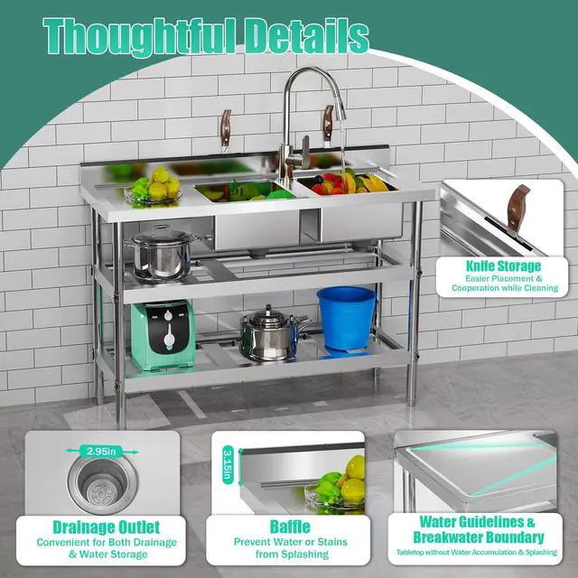 Alt view image 4 of 6 - Stainless Steel Utility Sink with Drawable Hot & Cold Water Faucet, 2 Compartment Free Standing Commercial Kitchen Sink Double Bowl Outdoor Sink for Restaurant Garage (47.2x17.7x31.9in)