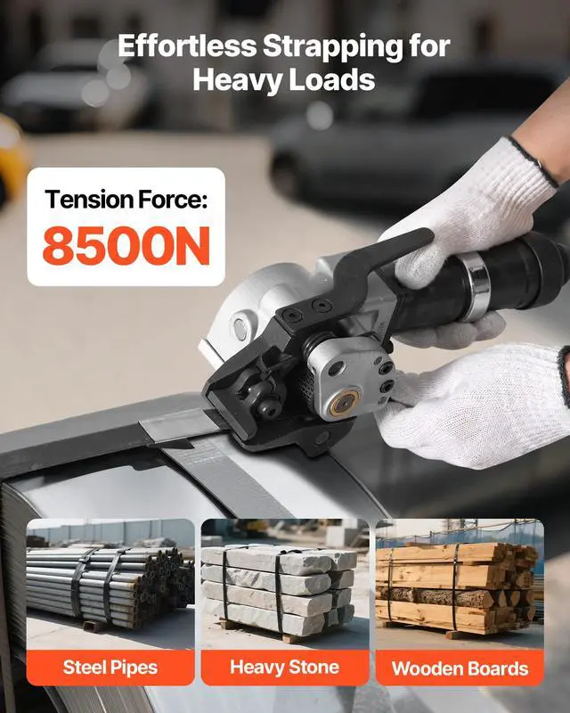 Alt view image 2 of 6 - Pneumatic Steel Strapping Machine, 8500 N Tension Force, Metal Strapping Tool Tensioner and Cutter Sealer for 1.25 in Width Metal Belt, Heavy Duty Split Type Baler for High Tensile Packaging