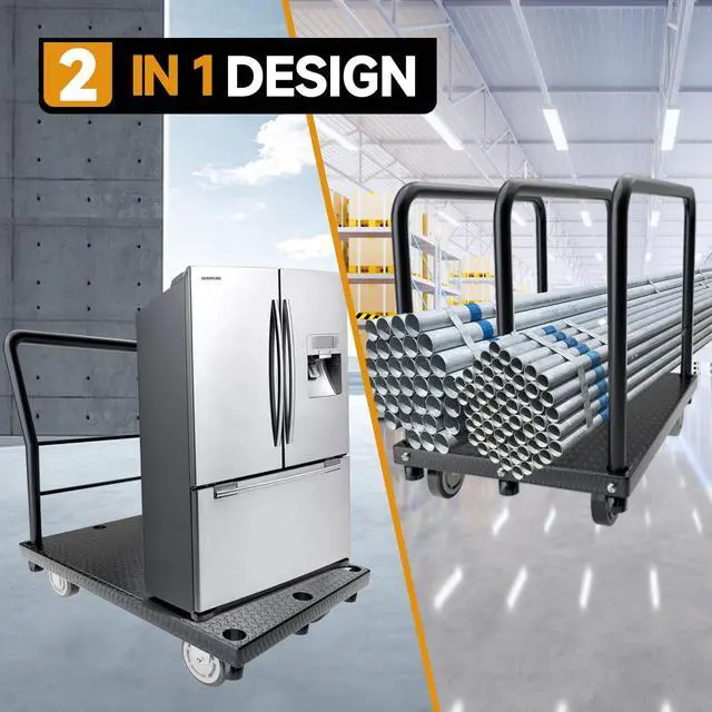 Main image of 2in1 Panel Cart, Drywall Cart Platform Trucks 2500 lbs Capacity Lumber Cart Flatbed Cart 38" x 24" Heavy Duty Push Cart with 1Front and 3 Side Handrails& Swivel Casters