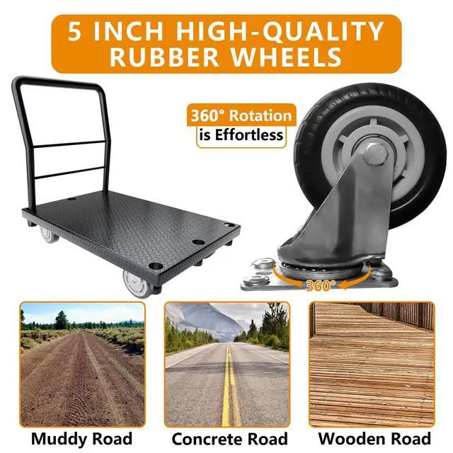 Alt view image 4 of 5 - 2in1 Panel Cart, Drywall Cart Platform Trucks 2500 lbs Capacity Lumber Cart Flatbed Cart 38" x 24" Heavy Duty Push Cart with 1Front and 3 Side Handrails& Swivel Casters
