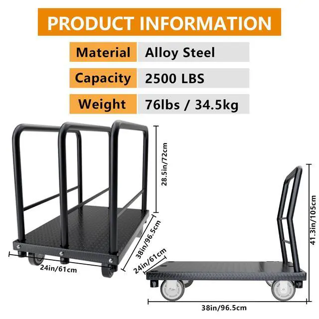 Alt view image 5 of 5 - 2in1 Panel Cart, Drywall Cart Platform Trucks 2500 lbs Capacity Lumber Cart Flatbed Cart 38" x 24" Heavy Duty Push Cart with 1Front and 3 Side Handrails& Swivel Casters
