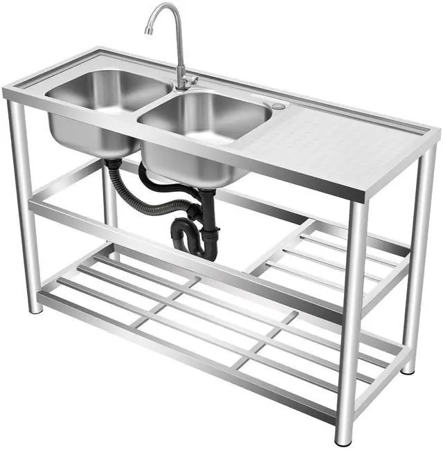 Main image of Free Standing Stainless Steel Sink, Double Bowl Commercial Restaurant Kitchen Sink Set w/Faucet Worktop Basin Double Storage Shelves Double Utility Sink Outdoor (47x17.7x31.5in-C)