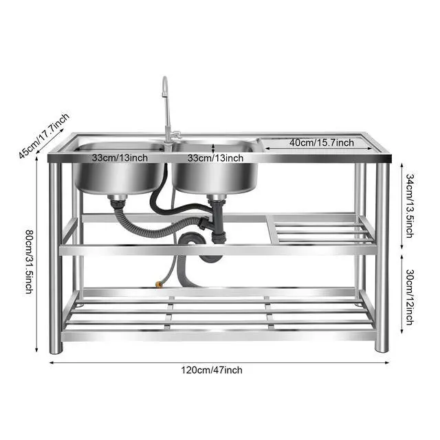 Alt view image 2 of 6 - Free Standing Stainless Steel Sink, Double Bowl Commercial Restaurant Kitchen Sink Set w/Faucet Worktop Basin Double Storage Shelves Double Utility Sink Outdoor (47x17.7x31.5in-C)