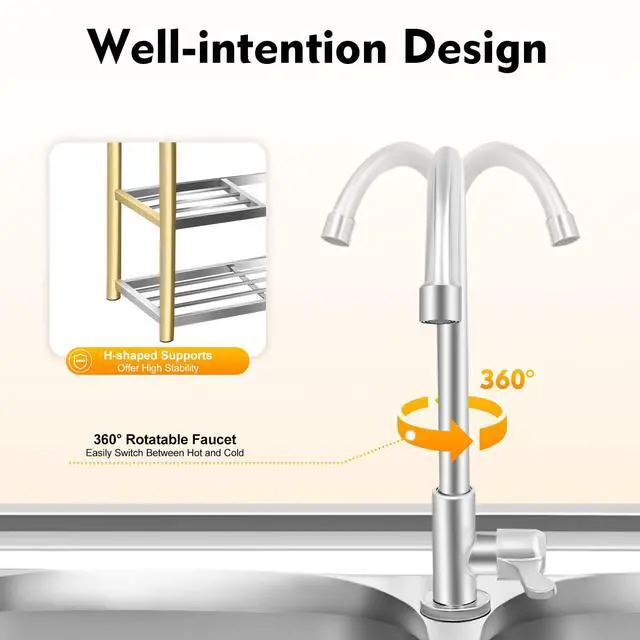 Alt view image 3 of 6 - Free Standing Stainless Steel Sink, Double Bowl Commercial Restaurant Kitchen Sink Set w/Faucet Worktop Basin Double Storage Shelves Double Utility Sink Outdoor (47x17.7x31.5in-C)