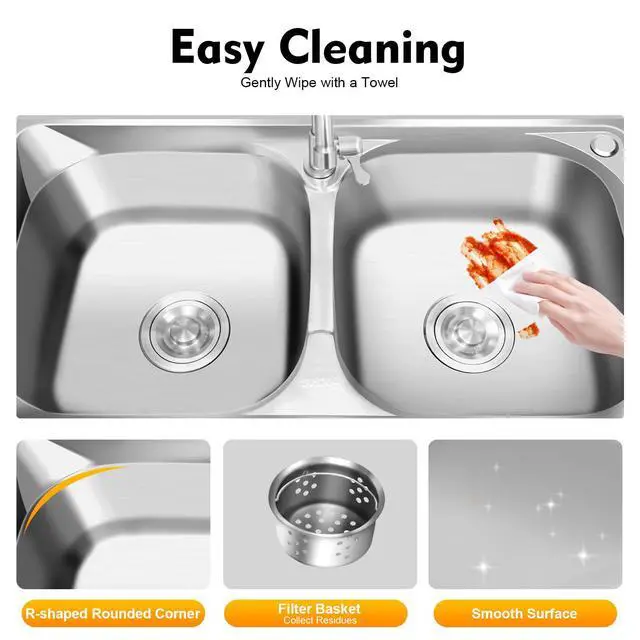 Alt view image 4 of 6 - Free Standing Stainless Steel Sink, Double Bowl Commercial Restaurant Kitchen Sink Set w/Faucet Worktop Basin Double Storage Shelves Double Utility Sink Outdoor (47x17.7x31.5in-C)