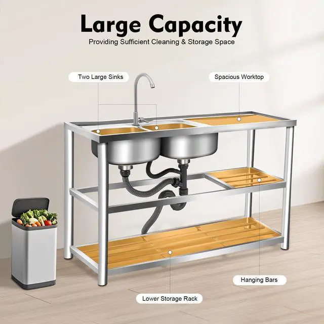 Alt view image 5 of 6 - Free Standing Stainless Steel Sink, Double Bowl Commercial Restaurant Kitchen Sink Set w/Faucet Worktop Basin Double Storage Shelves Double Utility Sink Outdoor (47x17.7x31.5in-C)