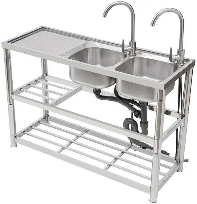 Main image of Free Standing Commercial Kitchen Sink Stainless Steel, Double Bowl Utility Sink with 2 360° Rotatable Faucet and Water Pipes Restaurant Outdoor Utility Sink Right Dual-Bowl (47x17.7x31.5in-B)