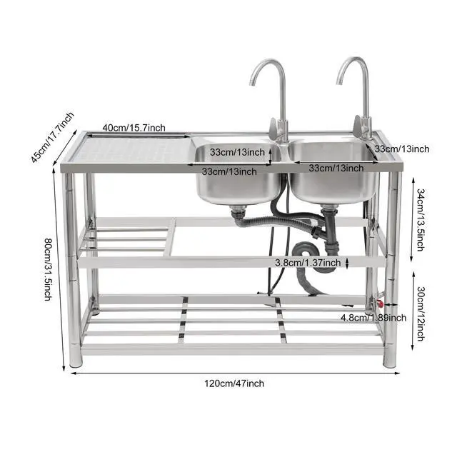 Alt view image 2 of 6 - Free Standing Commercial Kitchen Sink Stainless Steel, Double Bowl Utility Sink with 2 360° Rotatable Faucet and Water Pipes Restaurant Outdoor Utility Sink Right Dual-Bowl (47x17.7x31.5in-B)