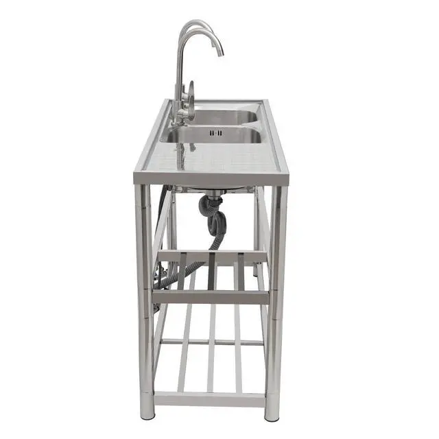 Alt view image 5 of 6 - Free Standing Commercial Kitchen Sink Stainless Steel, Double Bowl Utility Sink with 2 360° Rotatable Faucet and Water Pipes Restaurant Outdoor Utility Sink Right Dual-Bowl (47x17.7x31.5in-B)