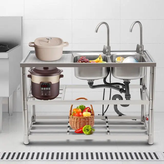 Alt view image 6 of 6 - Free Standing Commercial Kitchen Sink Stainless Steel, Double Bowl Utility Sink with 2 360° Rotatable Faucet and Water Pipes Restaurant Outdoor Utility Sink Right Dual-Bowl (47x17.7x31.5in-B)