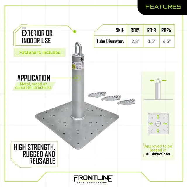 Alt view image 4 of 6 - RO12 Commercial Roof Anchor 12"| OSHA & ANSI Compliant Galvanized Steel Roofing Anchor Point | Metal, Wood or Concrete Application