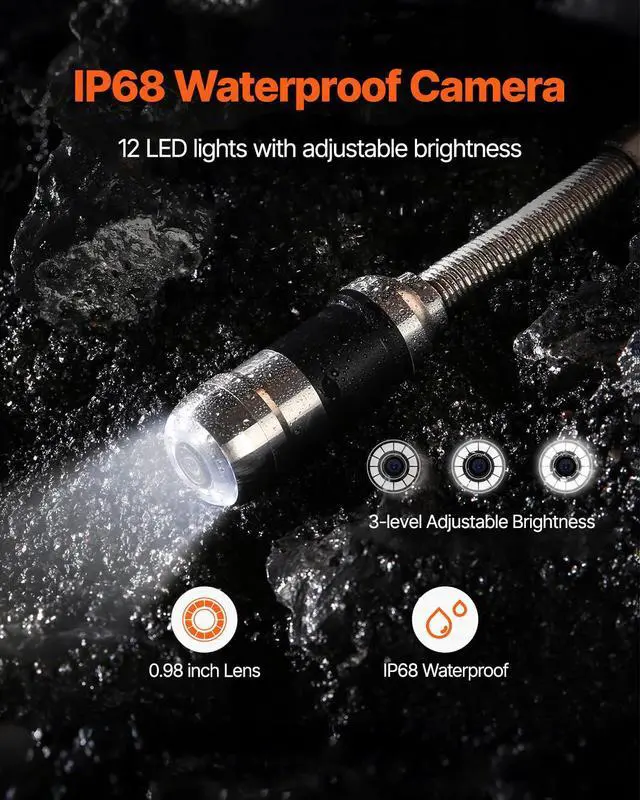 Alt view image 4 of 6 - Sewer Camera, 100ft Drain Inspection Camera with 7" Screen, IP68 Waterproof Snake Plumbing Camera with 12PCS Adjustable LEDs, 16 GB SD Card for Sewer Line, Duct Drain Pipe Plumbing