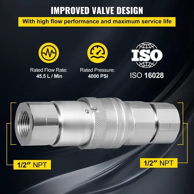 Alt view image 3 of 6 - Hydraulic Coupler 1/2 Body with 1/2" NPT Thread 27.6 MPa Hydraulic Quick Connect 4 Pairs Hydraulic Coupling Quick Connect 45.5 L/min Hydraulic Quick Coupler