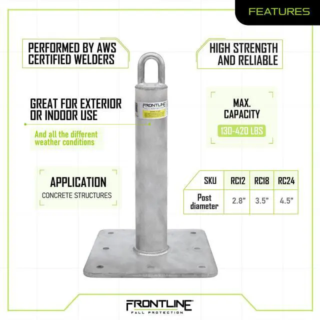 Alt view image 4 of 6 - Frontline RC12 Concrete Anchor 12" | ASTM rated steel | Concrete Application | Great for exterior or indoor use | OSHA & ANSI Compliant