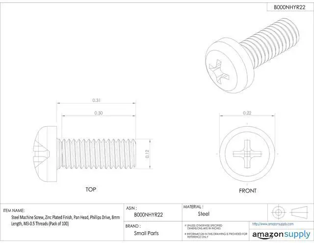 Alt view image 3 of 3 - Steel Machine Screw, Zinc Plated Finish, Pan Head, Phillips Drive, 10mm Length, M4-0.7 Metric Coarse Threads (Pack of 100)