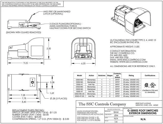 Alt view image 3 of 3 - G502-MO Foot Switch, Electrical, Momentary Action, Heavy Duty, Single Pedal, Industrial, DPDT, Made in USA