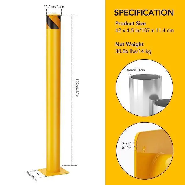 Alt view image 2 of 6 - Safety Bollard, 6 Packs 42 Inch Height Bollard Post, 4.5 Inch Diameter, Yellow Safety Steel Bollard Post, with 24 Anchor Bolts, for Traffic Control, Driveway Barrier, Parking Pole