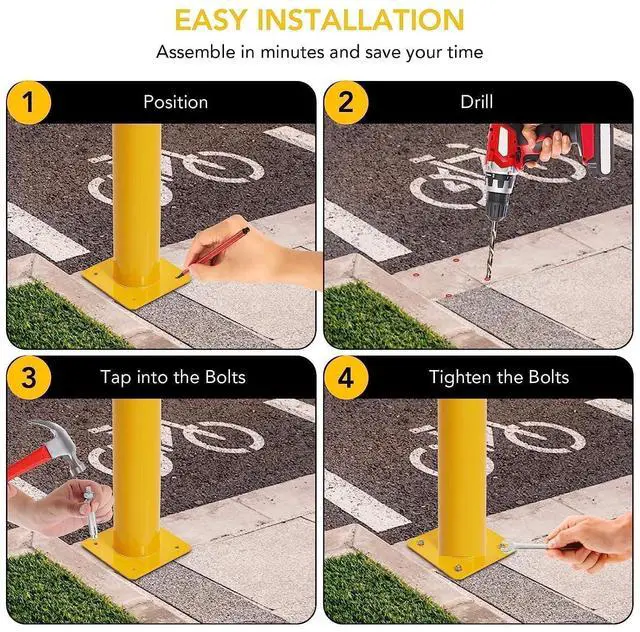 Alt view image 6 of 6 - Safety Bollard, 6 Packs 42 Inch Height Bollard Post, 4.5 Inch Diameter, Yellow Safety Steel Bollard Post, with 24 Anchor Bolts, for Traffic Control, Driveway Barrier, Parking Pole