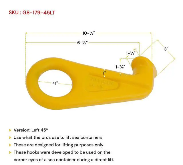 Alt view image 2 of 5 - Left 45° G80 SEA Shipping Container Lifting Hook, 28,000 lb WLL 12.5 Ton Heavy-Duty Lift Hook for Shipping, Storage, Moving & Industrial Cargo