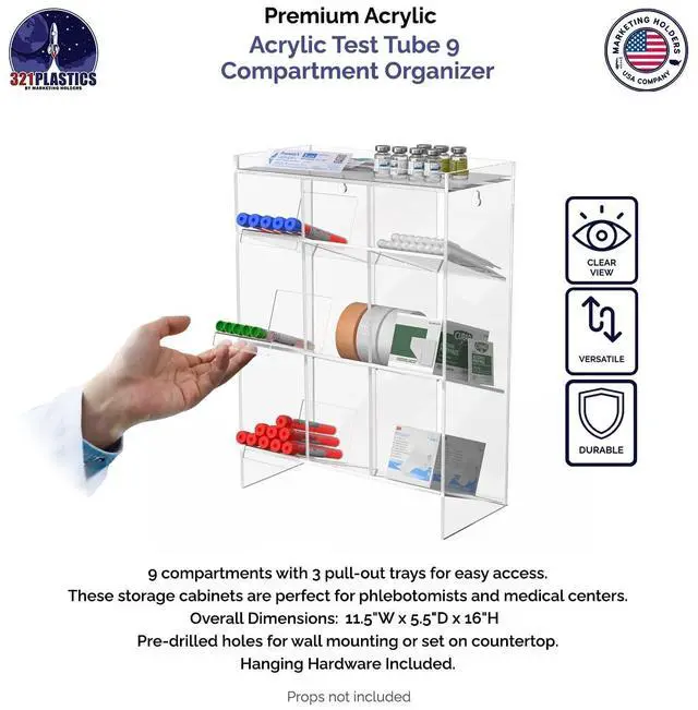 Alt view image 2 of 6 - Tube Rack Clear Acrylic 9 Compartment 11.5" x 5.5" x 16" Wall Mount with Hanging Hardware or Countertop Phlebotomists Scientists Nurses Physicians Emergency Technicians by