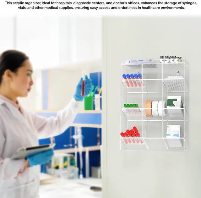 Alt view image 4 of 6 - Tube Rack Clear Acrylic 9 Compartment 11.5" x 5.5" x 16" Wall Mount with Hanging Hardware or Countertop Phlebotomists Scientists Nurses Physicians Emergency Technicians by