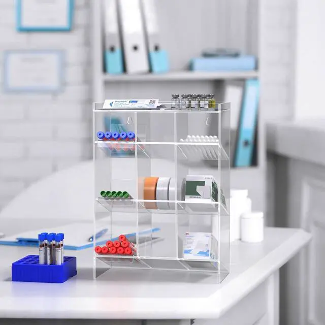 Alt view image 5 of 6 - Tube Rack Clear Acrylic 9 Compartment 11.5" x 5.5" x 16" Wall Mount with Hanging Hardware or Countertop Phlebotomists Scientists Nurses Physicians Emergency Technicians by