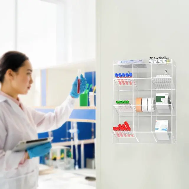 Alt view image 6 of 6 - Tube Rack Clear Acrylic 9 Compartment 11.5" x 5.5" x 16" Wall Mount with Hanging Hardware or Countertop Phlebotomists Scientists Nurses Physicians Emergency Technicians by