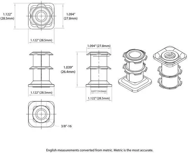 Alt view image 2 of 6 - Industries Double Star Threaded Caster Insert | Heat Treated Steel | Fits 1-1/8 Inch Square 16-18 Gauge Tube | Thread: 3/8-16 | 100 Pack