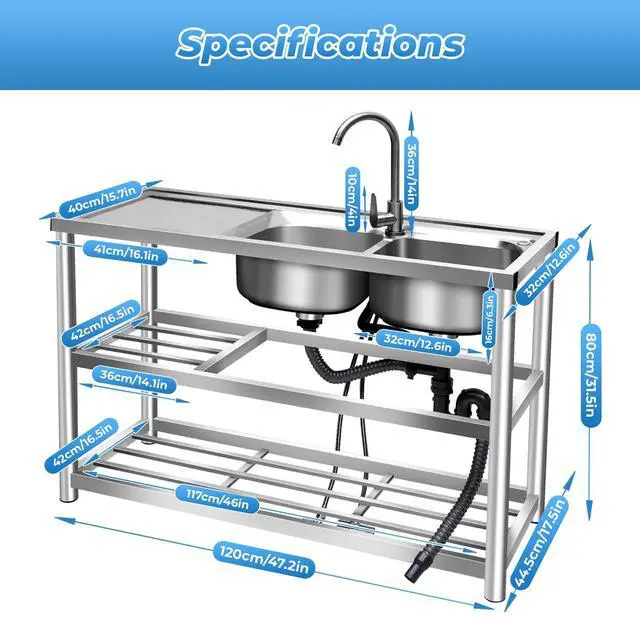 Alt view image 3 of 6 - Stainless Steel Utility Sink with Hot & Cold Water Faucet, Freestanding Double Bowl Commercial Sink Set, Outdoor Utility Sink for Kitchen Restaurant Garage(47.2x17.5x31.5in)