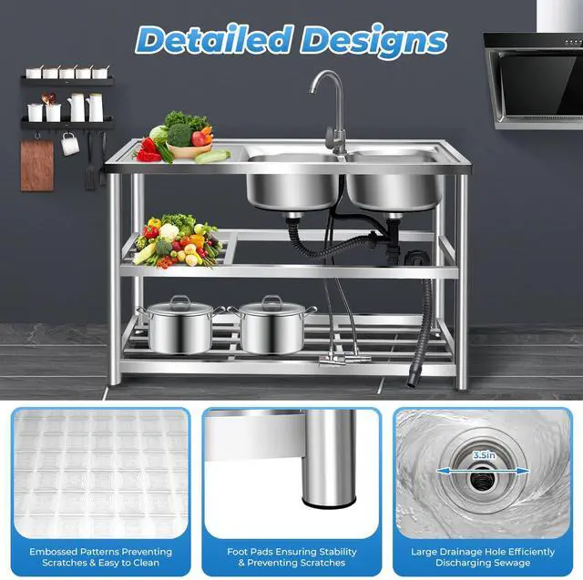 Alt view image 5 of 6 - Stainless Steel Utility Sink with Hot & Cold Water Faucet, Freestanding Double Bowl Commercial Sink Set, Outdoor Utility Sink for Kitchen Restaurant Garage(47.2x17.5x31.5in)