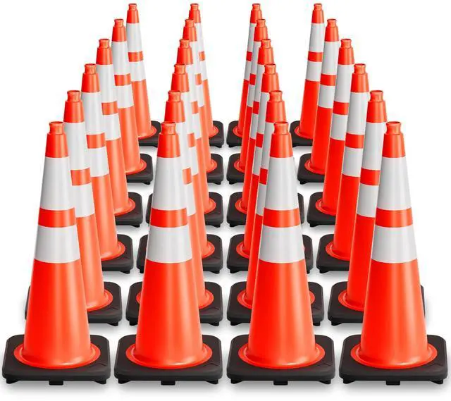 Main image of Traffic Cones 28 Inch - Commercial Construction Cones for Road Safety Orange Parking Cones with Heavy Duty Base & Reflective Strips for Driveways & Event Control (24 Pack)