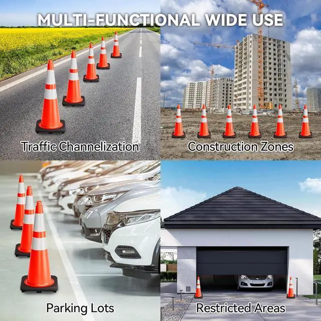 Alt view image 3 of 6 - Traffic Cones 28 Inch - Commercial Construction Cones for Road Safety Orange Parking Cones with Heavy Duty Base & Reflective Strips for Driveways & Event Control (24 Pack)