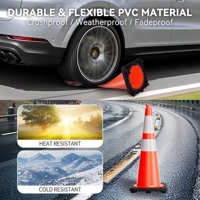 Alt view image 4 of 6 - Traffic Cones 28 Inch - Commercial Construction Cones for Road Safety Orange Parking Cones with Heavy Duty Base & Reflective Strips for Driveways & Event Control (24 Pack)