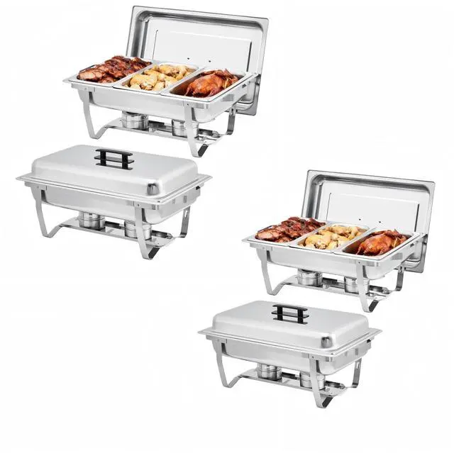 Main image of 4-Pack Stainless Steel Buffet Server Set 3-Well Rectangular Chafing Dishes, Multi-Compartment Food Warmers for Catering, Weddings, and Home Parties
