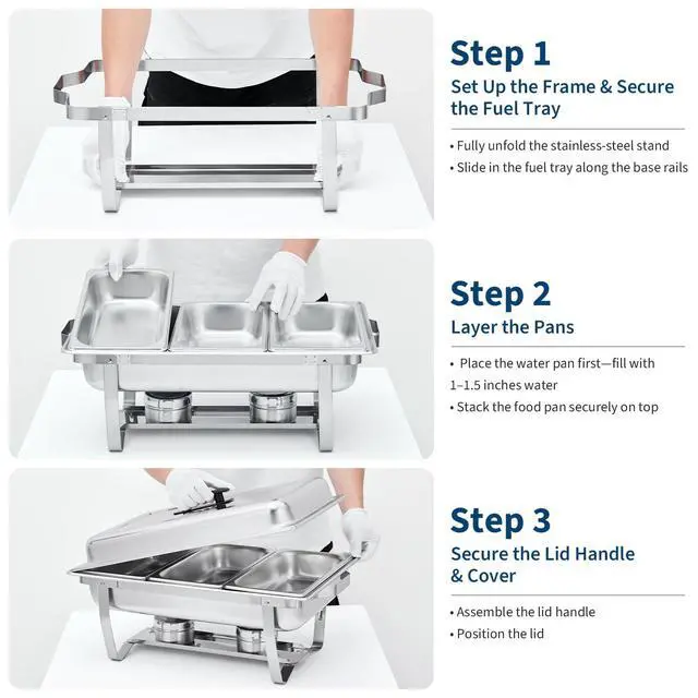 Alt view image 4 of 6 - 4-Pack Stainless Steel Buffet Server Set 3-Well Rectangular Chafing Dishes, Multi-Compartment Food Warmers for Catering, Weddings, and Home Parties
