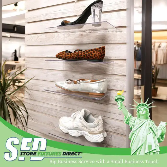 Alt view image 4 of 6 - Large Clear Acrylic Slatwall Shoe Shelf, 6" D x 12" L Flat Plastic Display Shelf Made with.16" Thick Styrene, 20 Pack