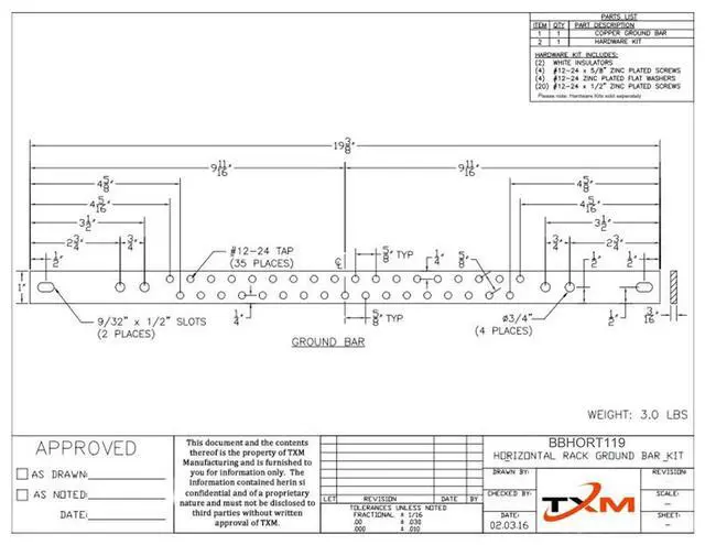 Alt view image 3 of 3 - 19" HORIZONTAL RACK COPPER BUS BAR KIT - 3/16" X 1" X 19" - BB-HOR-T-1-19-K1 - COMPARE TO SBHB119K