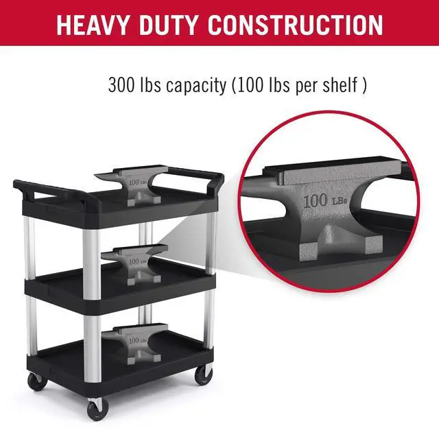 Alt view image 5 of 6 - 3-Tier Heavy Duty Work Cart - Holds up to 300 Lbs - Ideal for Garages, Warehouses, and Factories, Made in the USA