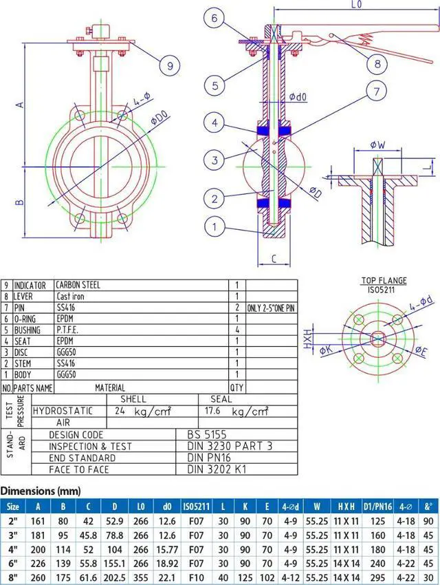 Alt view image 4 of 4 - RKLO6 Cast Iron Butterfly Valve, Lever Style, EPDM, Black, 6"