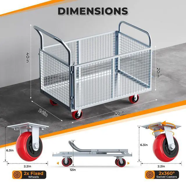 Alt view image 2 of 6 - 40" Lx24 W 6-in-1 Platform Truck Push Cart Dolly with Fenced, Industrial Foldable Hand Trucks with 2700LB Weight Capacity Large Size for Easy Storage and Wheels