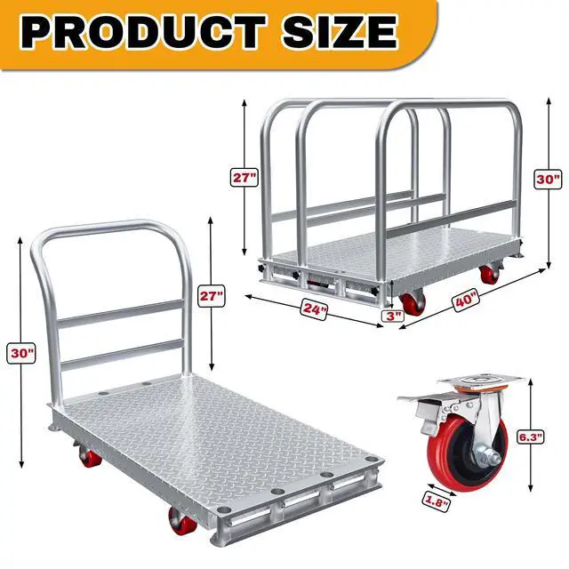 Alt view image 3 of 6 - 40" Lx24 W 2-in-1 Platform Truck Push Cart Dolly, Industrial Hand Trucks with 2600LBS Weight Capacity Large Size for Easy Storage and 6.2'' Wheels, 3 Side Handrails