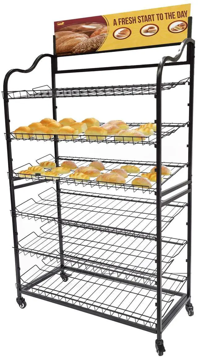 Main image of ® Wide Metal Bakery Display Rack on Wheels, 6 Shelves with Header Holder, 39.5" Wide X 18.5" Deep X 67.8" Black 19399