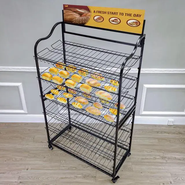 Alt view image 2 of 6 - ® Wide Metal Bakery Display Rack on Wheels, 6 Shelves with Header Holder, 39.5" Wide X 18.5" Deep X 67.8" Black 19399