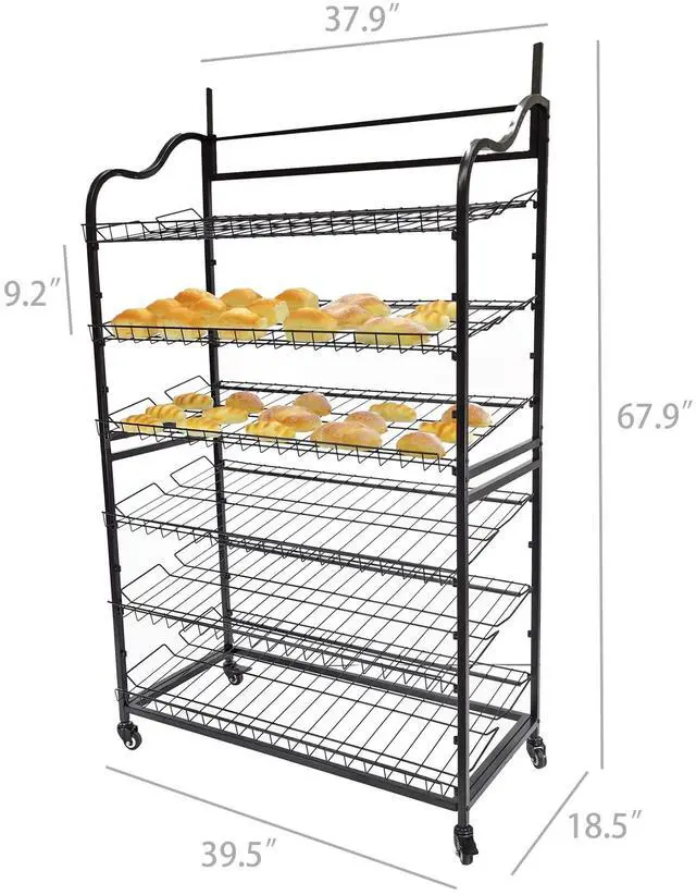 Alt view image 3 of 6 - ® Wide Metal Bakery Display Rack on Wheels, 6 Shelves with Header Holder, 39.5" Wide X 18.5" Deep X 67.8" Black 19399
