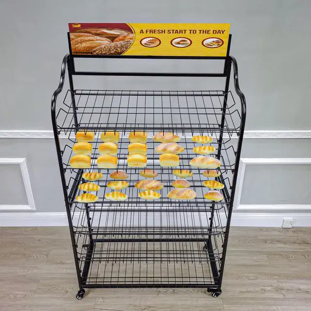 Alt view image 4 of 6 - ® Wide Metal Bakery Display Rack on Wheels, 6 Shelves with Header Holder, 39.5" Wide X 18.5" Deep X 67.8" Black 19399