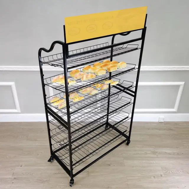 Alt view image 5 of 6 - ® Wide Metal Bakery Display Rack on Wheels, 6 Shelves with Header Holder, 39.5" Wide X 18.5" Deep X 67.8" Black 19399