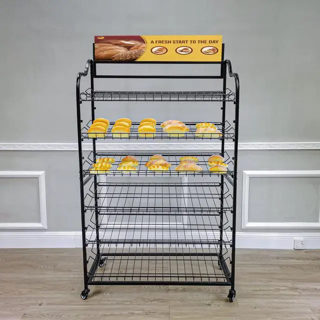 Alt view image 6 of 6 - ® Wide Metal Bakery Display Rack on Wheels, 6 Shelves with Header Holder, 39.5" Wide X 18.5" Deep X 67.8" Black 19399