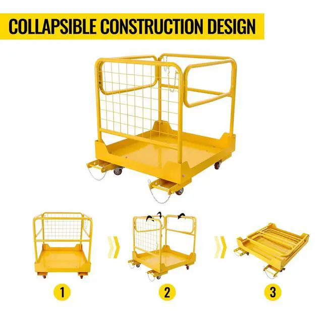 Alt view image 4 of 6 - Forklift Safety Cage 36x36 Inch, 1200LBS Forklift Work Platform with 4 Wheels, Collapsible Forklift Man Basket Aerial Rails for Lifting Loader